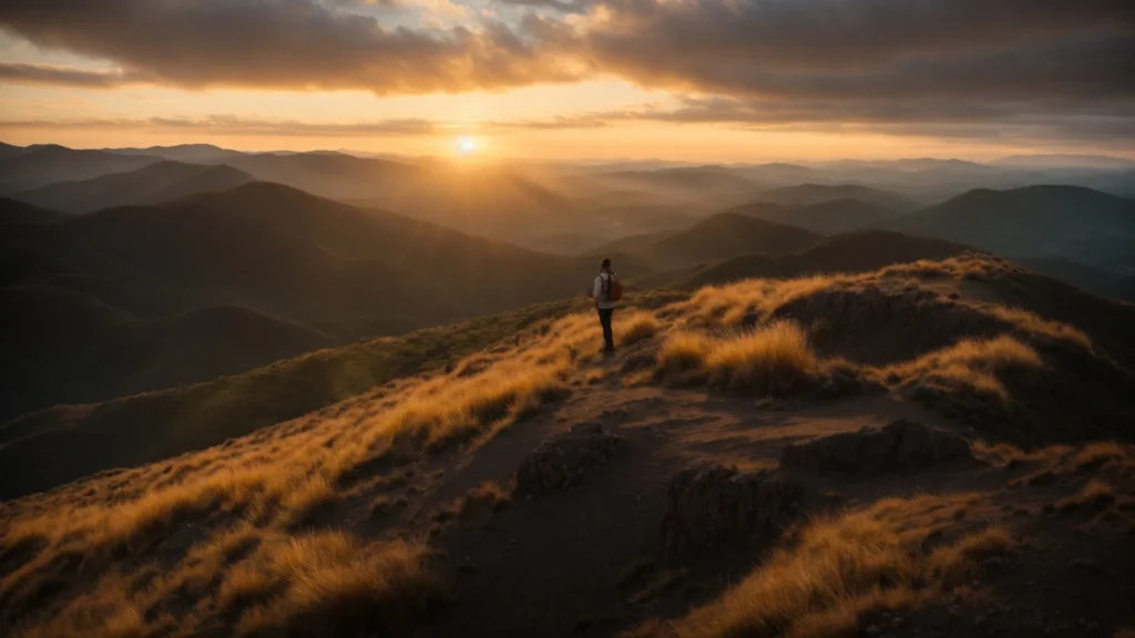a vibrant sunrise casts golden light over a serene landscape, symbolizing clarity and inspiration as a solitary figure stands triumphantly atop a mountain, embodying the mastery of goal setting and the pursuit of success.