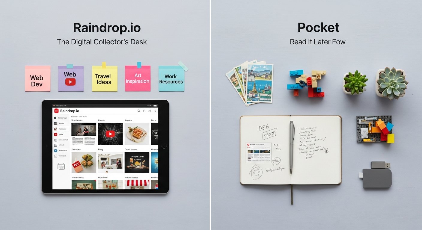 Side-by-side illustration of Raindrop.io vs Pocket read-it-later apps for digital productivity