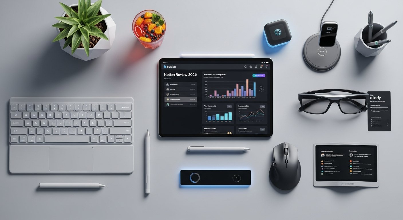Featured illustration for Notion review 2026 showing a digital workspace and productivity app interface