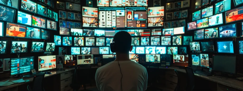 a person surrounded by screens displaying keyword research tools, analyzing competitor keywords, and highlighting long-tail keywords for saas platforms.