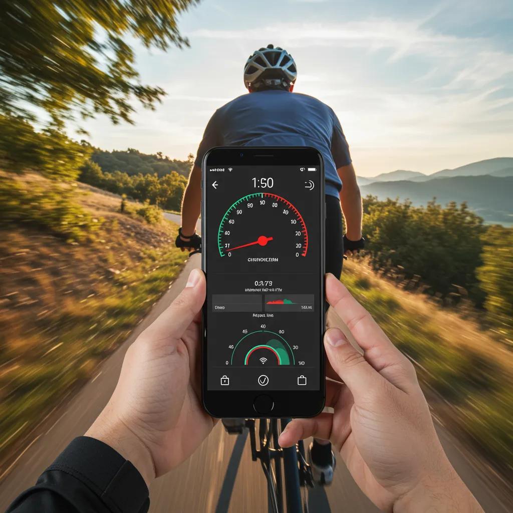 Cyclist using a GPS speedometer app on a smartphone while riding outdoors