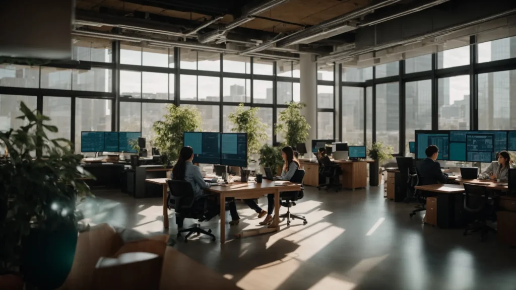 a vibrant and dynamic workspace filled with glowing screens, showcasing seo analytics and charts, illuminated by soft natural light streaming through large windows, highlighting a focused team engaged in a collaborative discussion about optimizing digital performance.