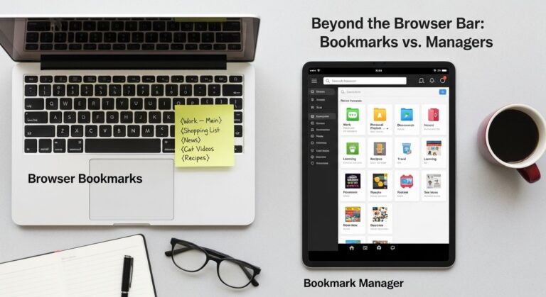 Featured illustration comparing browser bookmarks and bookmark manager tools for tech and digital productivity