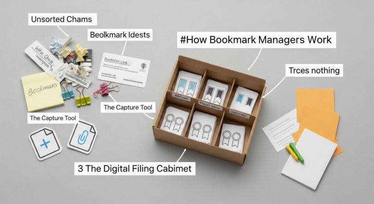 Illustration of a bookmark manager interface organizing saved links into folders, tags, and synced devices