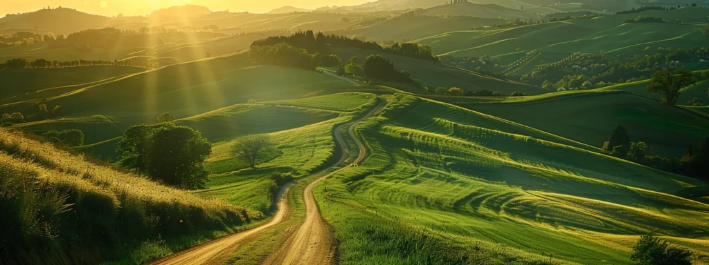 a serene landscape at sunrise, showcasing a winding path through vibrant green hills, symbolizing the journey of personal growth and transformation toward lasting change.
