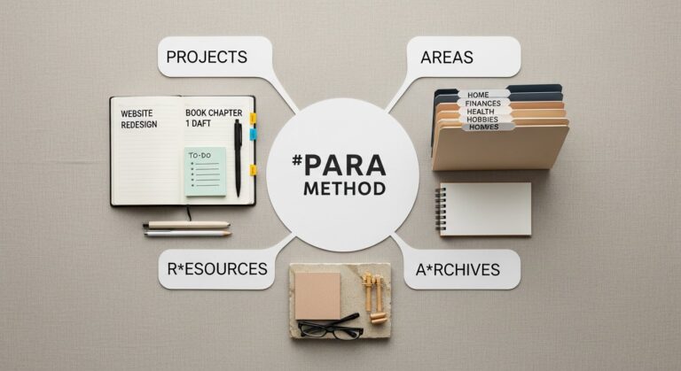 Illustration of the PARA method folders for digital productivity (Projects, Areas, Resources, Archives)
