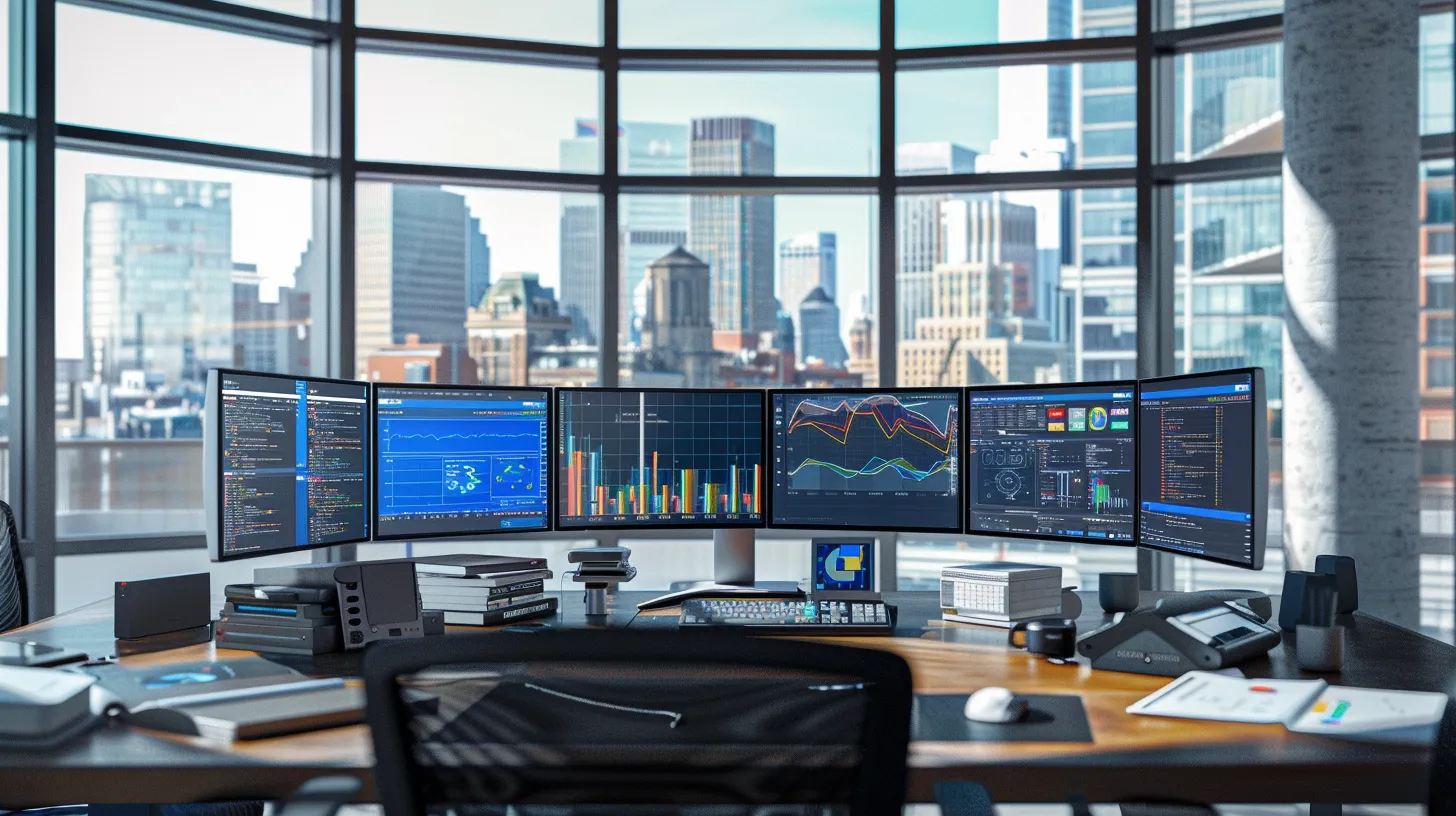 a modern office setting features a sleek desk with multiple monitors displaying vibrant analytics dashboards, illustrating the strategic evaluation of seo objectives and audience engagement metrics amidst a backdrop of bustling urban activity visible through large windows.