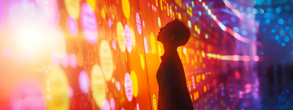 a dynamic, high-contrast scene featuring a confident business person analyzing vibrant, colorful graphs and data on a sleek digital screen, symbolizing a deep understanding of digital marketing effectiveness and roi.