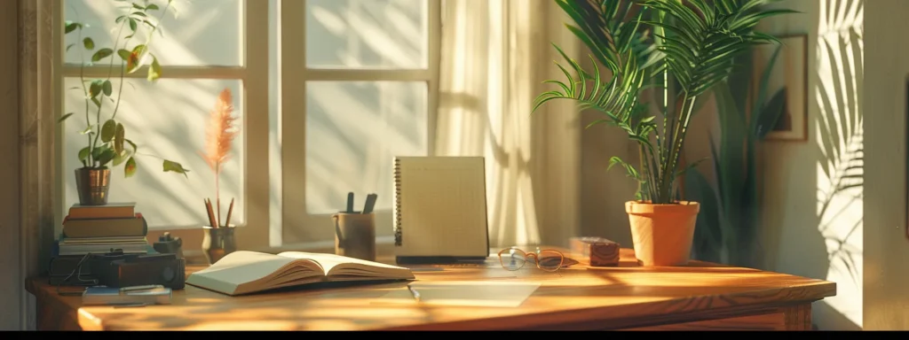 a serene workspace bathed in soft natural light, featuring a polished wooden desk adorned with a journal and a vibrant potted plant, encapsulating the essence of reflection and the pursuit of continuous success.