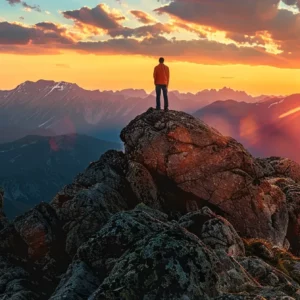 a vibrant sunrise illuminates a solitary figure standing on a mountain peak, gazing outward with determination, symbolizing the journey of self-improvement and the limitless potential within.