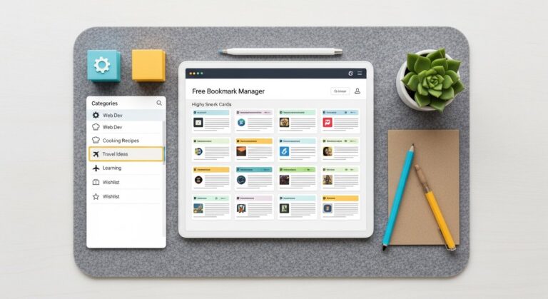 Illustration of a free bookmark manager app interface for tech and digital productivity