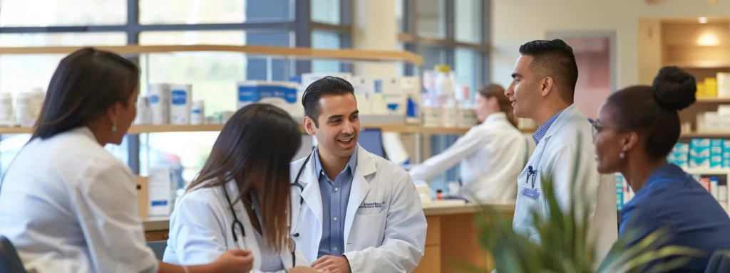 a vibrant healthcare setting showcases a diverse ensemble of professionals, including a pharmacy technician and a doctor of osteopathic medicine, collaboratively engaging in patient care and discussions about innovative treatment strategies, illuminated by soft, natural light.