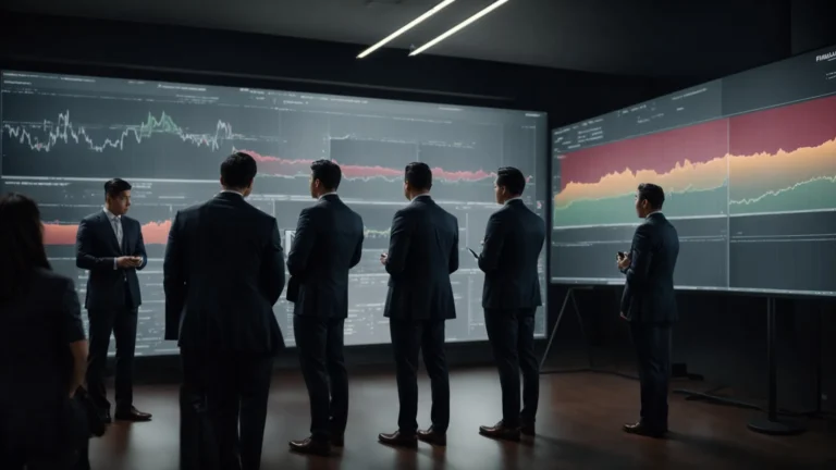 a team of professionals focusing on a digital screen displaying rising sales metrics.