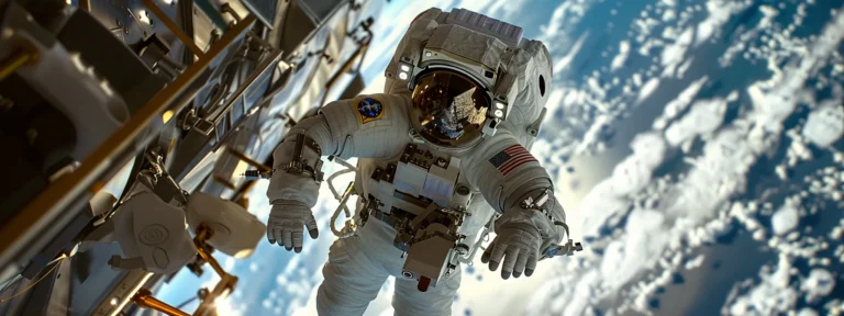 astronaut floating outside spaceship during a spacewalk.