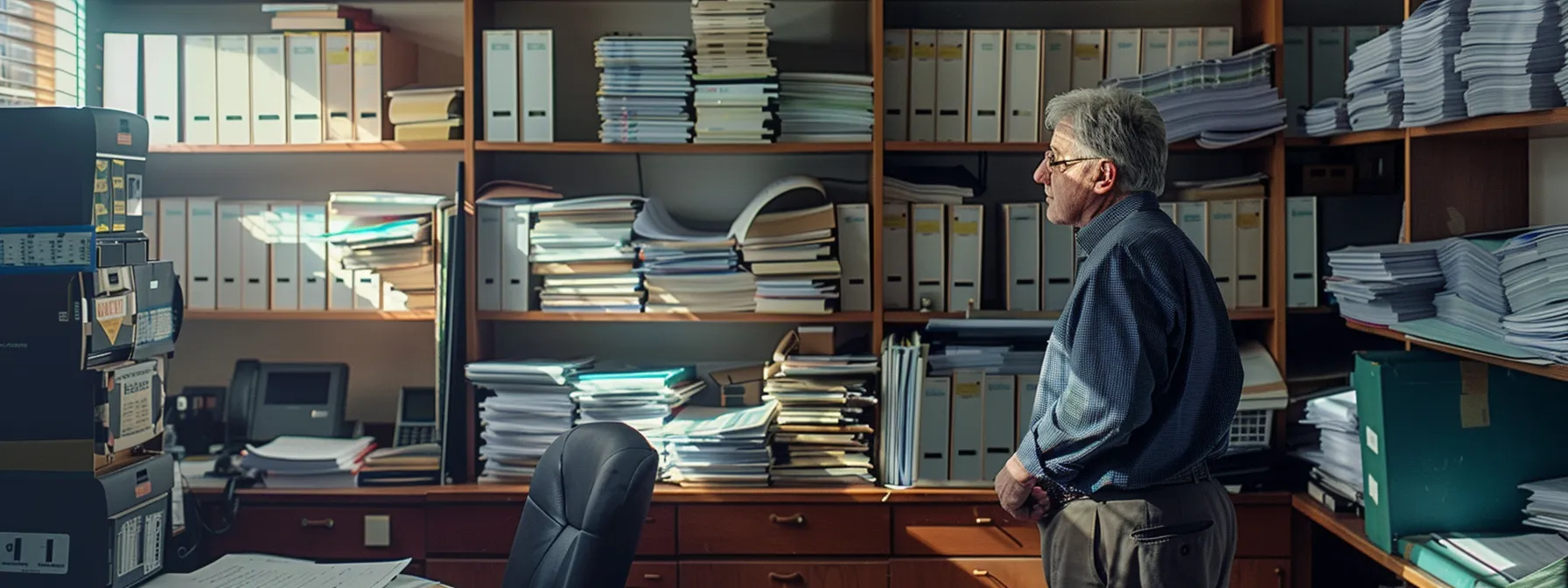 a homeowner standing at a local building authority office, looking at a large stack of paperwork.