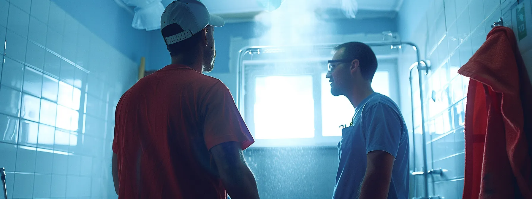 a homeowner inspecting a shower installation with an inspector during the renovation process.