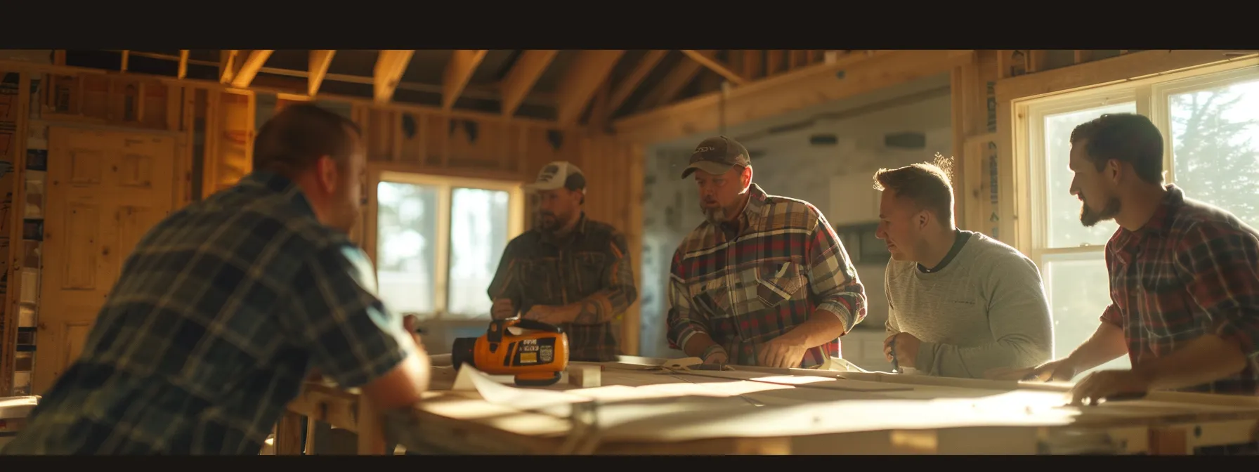 several contractors gathered around a table discussing estimates for a bathroom remodeling project.