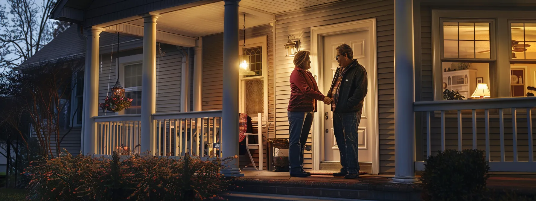 a homeowner consulting with a building inspector on their front porch.