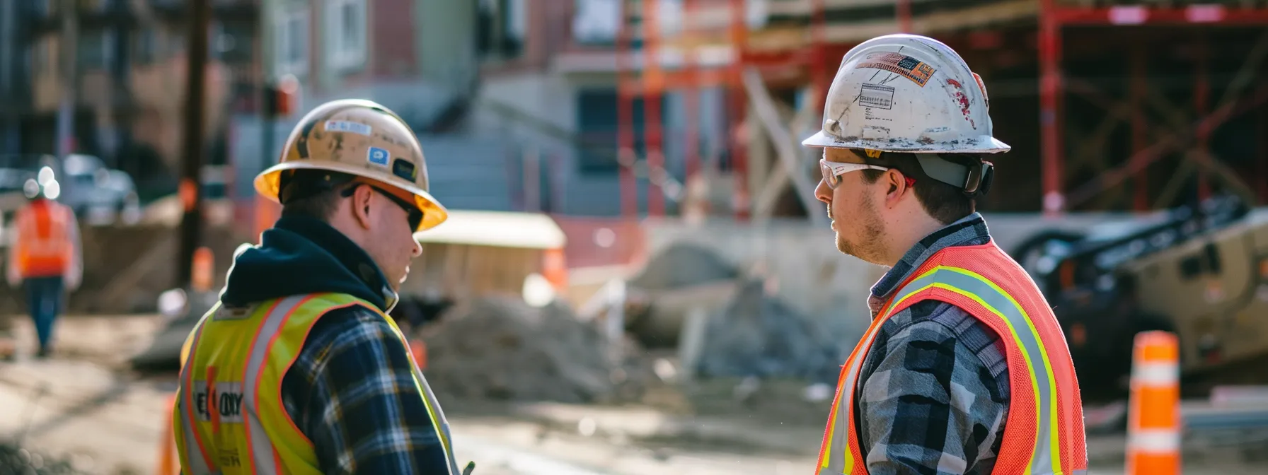 contractors discussing boundaries and rules with homeowners at a construction site.