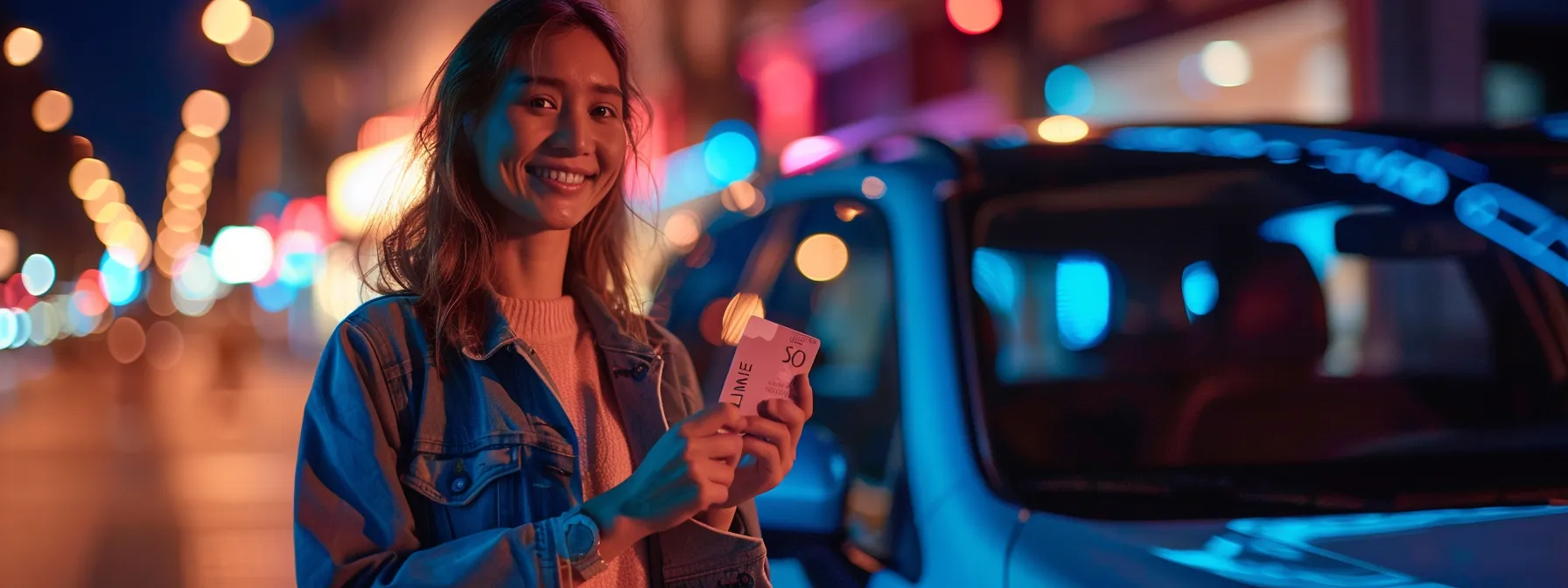 a person smiling and holding a membership card while standing next to a car.