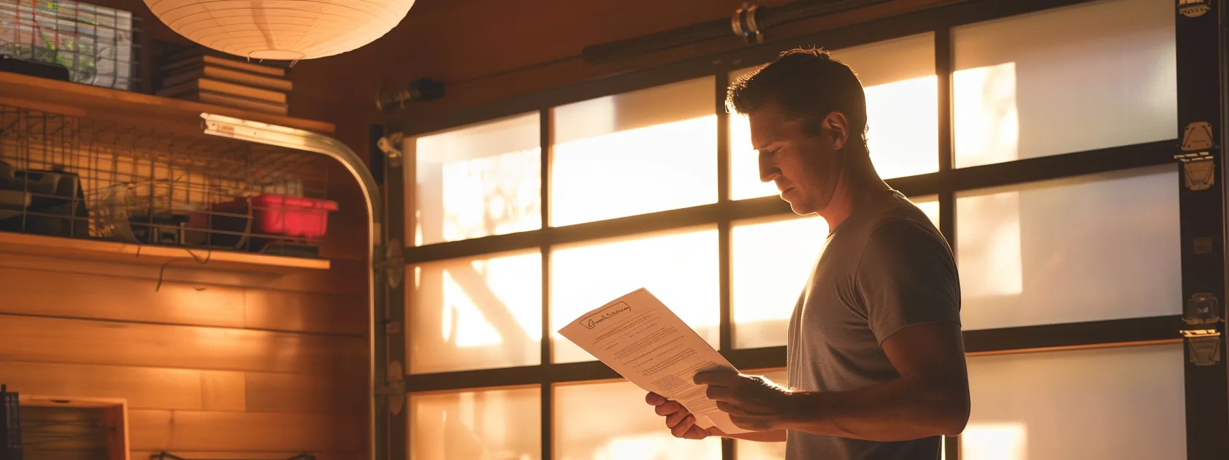 a homeowner reviewing permit paperwork while inspecting a renovated garage door.