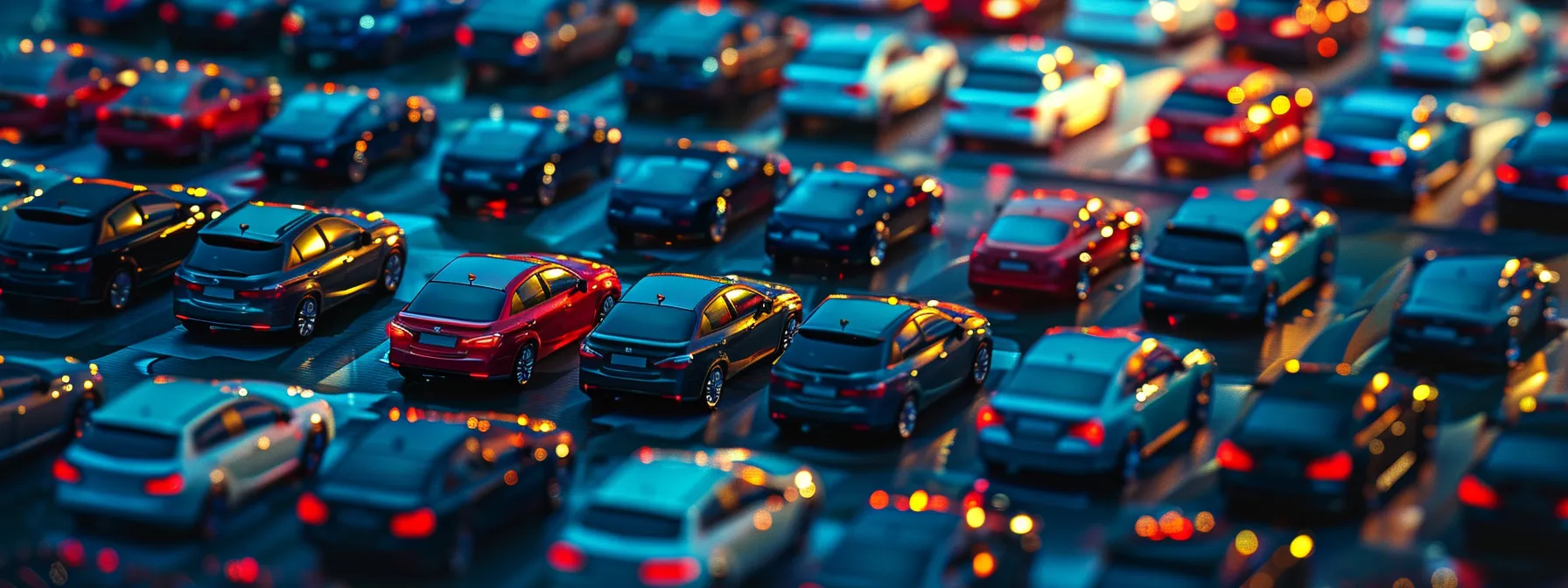 busy car dealership lot with rows of vehicles in various colors and models.