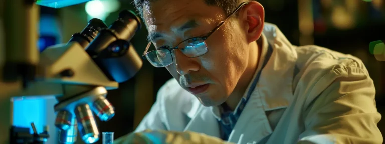 a scientist in a lab coat carefully examines a test tube under a microscope.