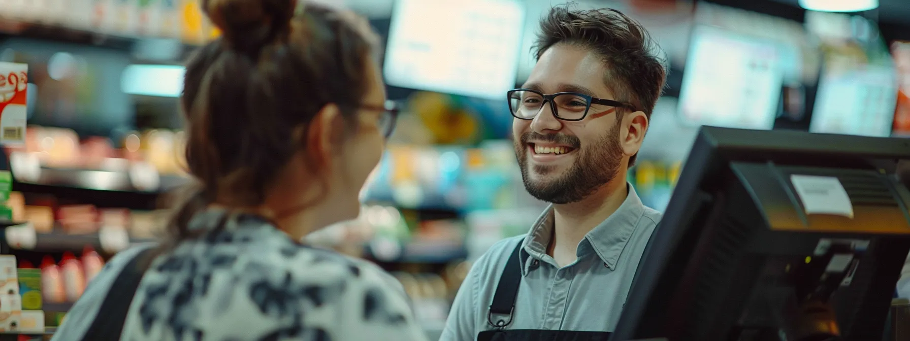 a smiling customer receiving a full refund at the cash register.