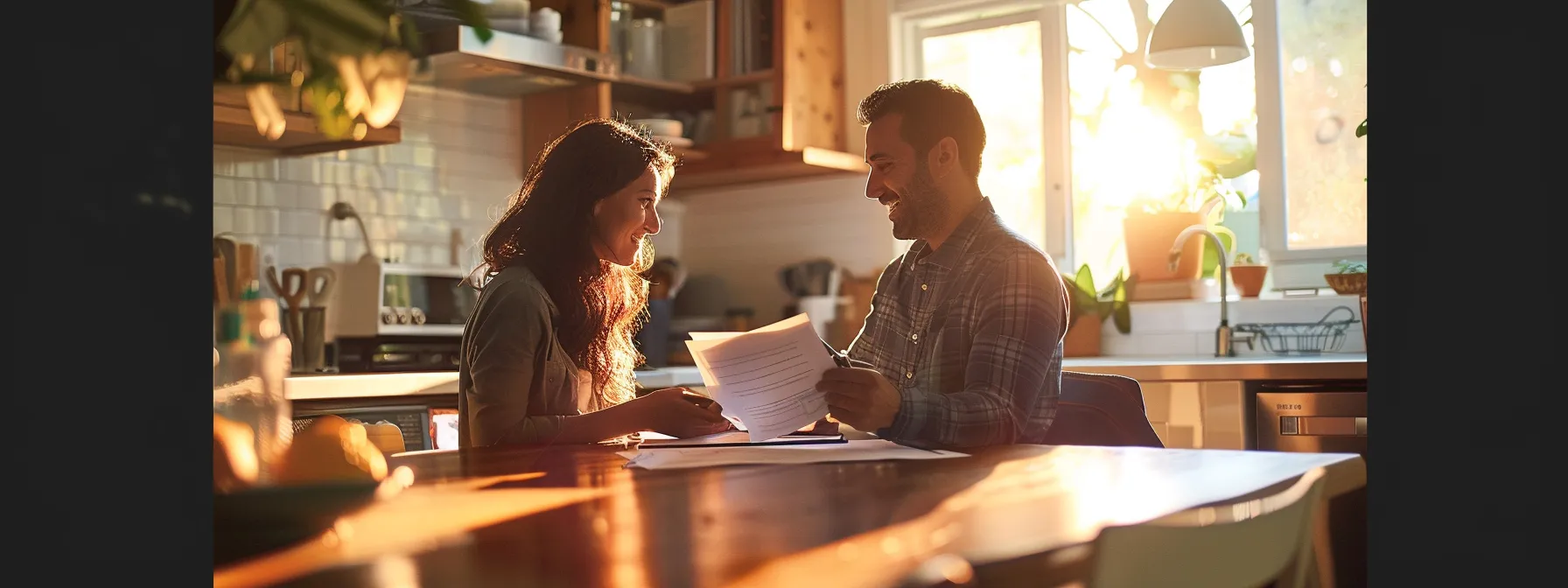 two people seated at a kitchen table reviewing a renovation contract together.