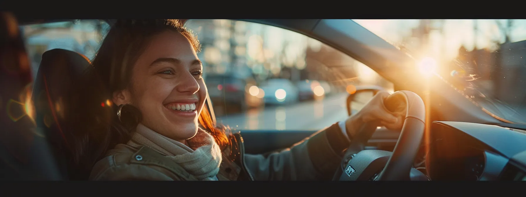 a person happily driving a brand new car off the dealership lot with a smile on their face.