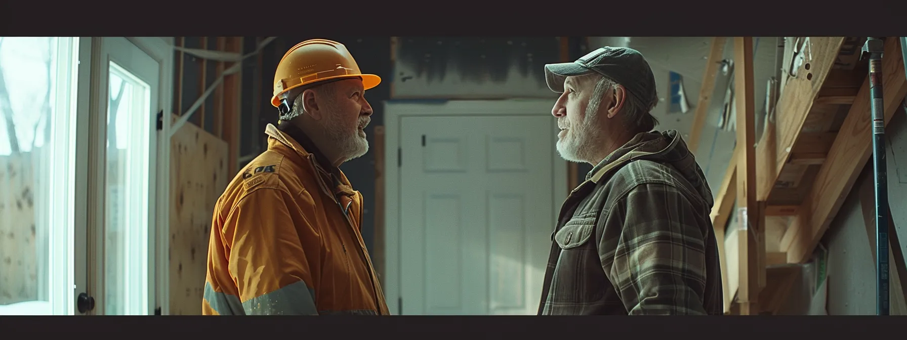 a homeowner discussing renovation plans with a contractor in a home under construction.