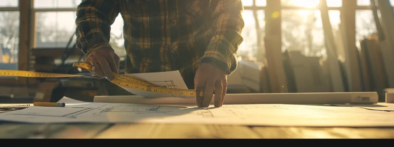 a person examining blueprints and measuring tape in a construction zone.