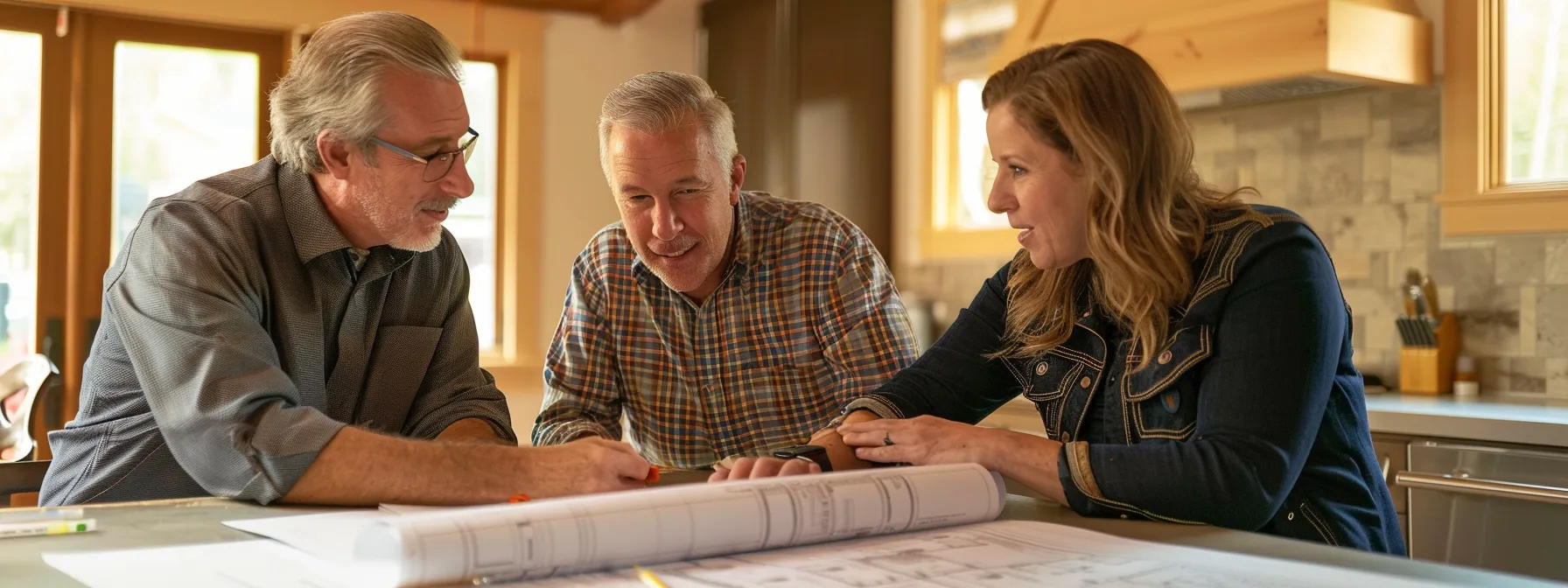 homeowners and renovation contractor discussing a plan over blueprints.