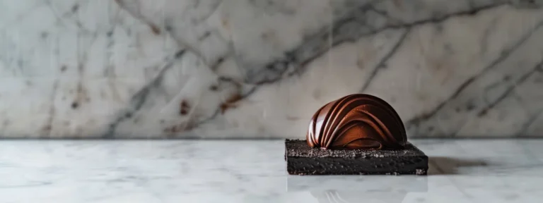 a decadent chocolate pastry sealed in an airtight container on a sleek, white marble countertop.