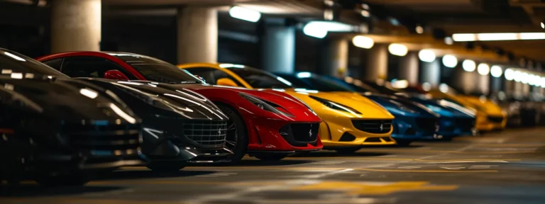 a row of sleek, shiny sports cars parked in a dimly-lit underground garage.