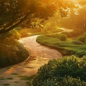 a serene garden with lush greenery and a winding path leading towards a glowing, golden hour sunset.