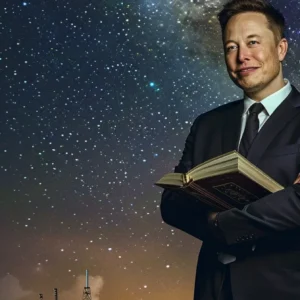 elon musk, with a confident smile, stands against a starry night sky backdrop, holding a book titled 'the future of humanity' next to a spacex rocket, surrounded by futuristic lab equipment and blueprints.