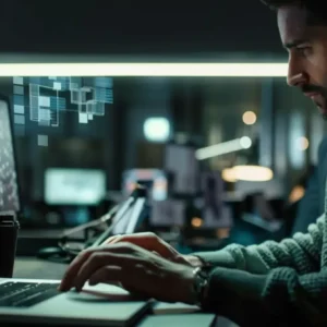 a focused individual typing code on a sleek laptop in a modern office setting.