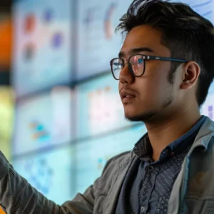 a young programmer ceo passionately explaining local seo strategies in front of a digital marketing whiteboard.